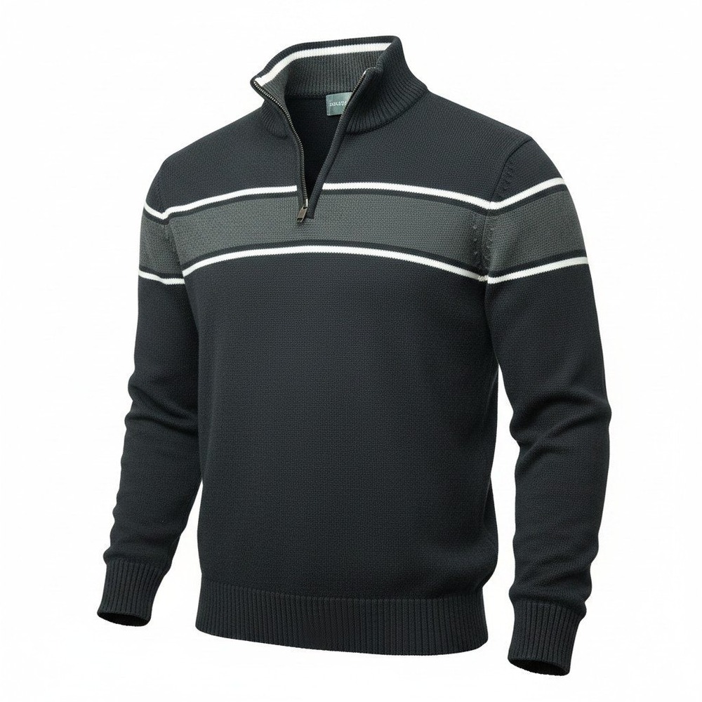 Oscar de la Renta Vintage 90s Quarter Zip Sweater Black Cotton Striped Mens XL
